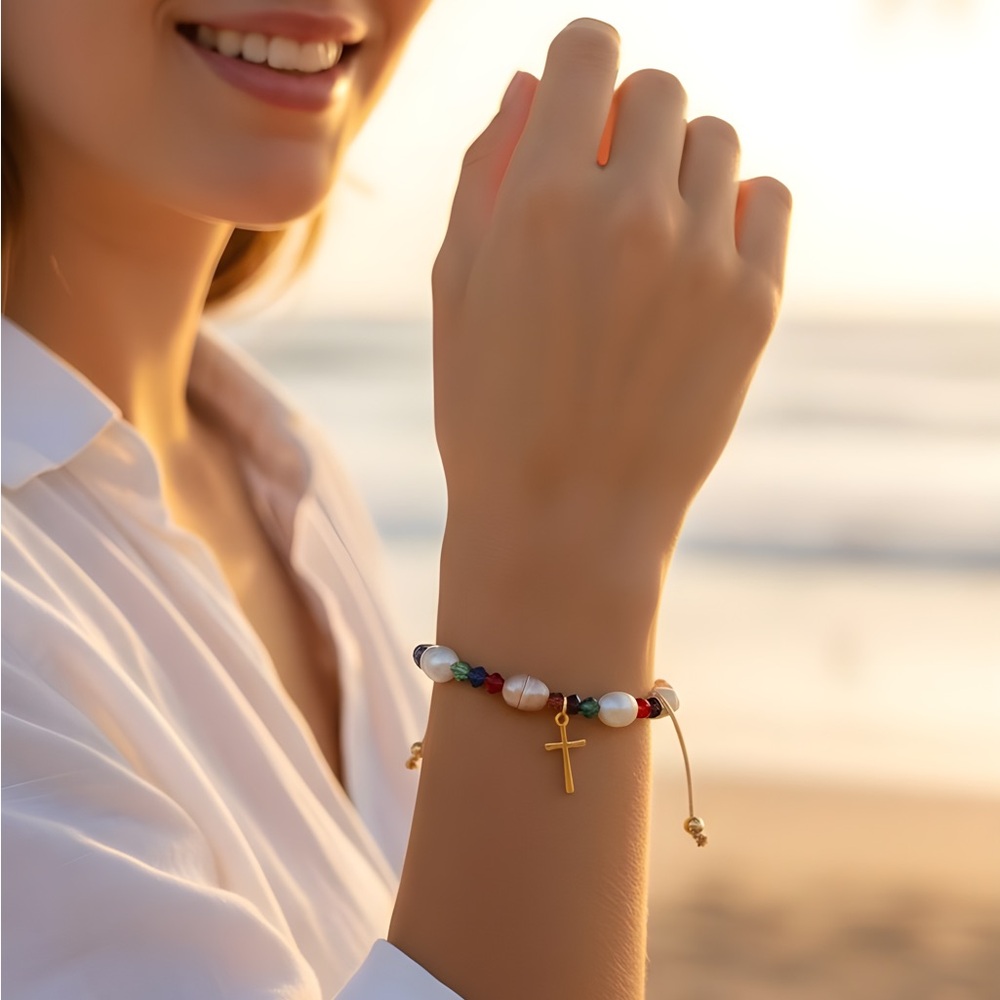 Handmade elegant Gold Cross Bracelet with Multicolor Beads